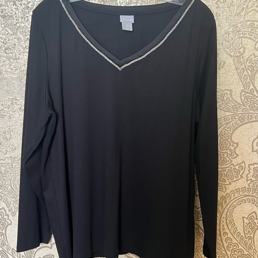 Chico's Black Long Sleeve Top with Silver Trim - Chico’s Size 3